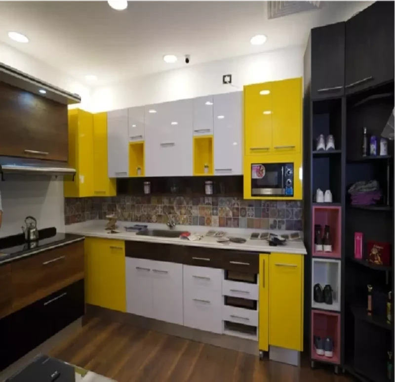 Modern Yellow And White Polylac Kitchen