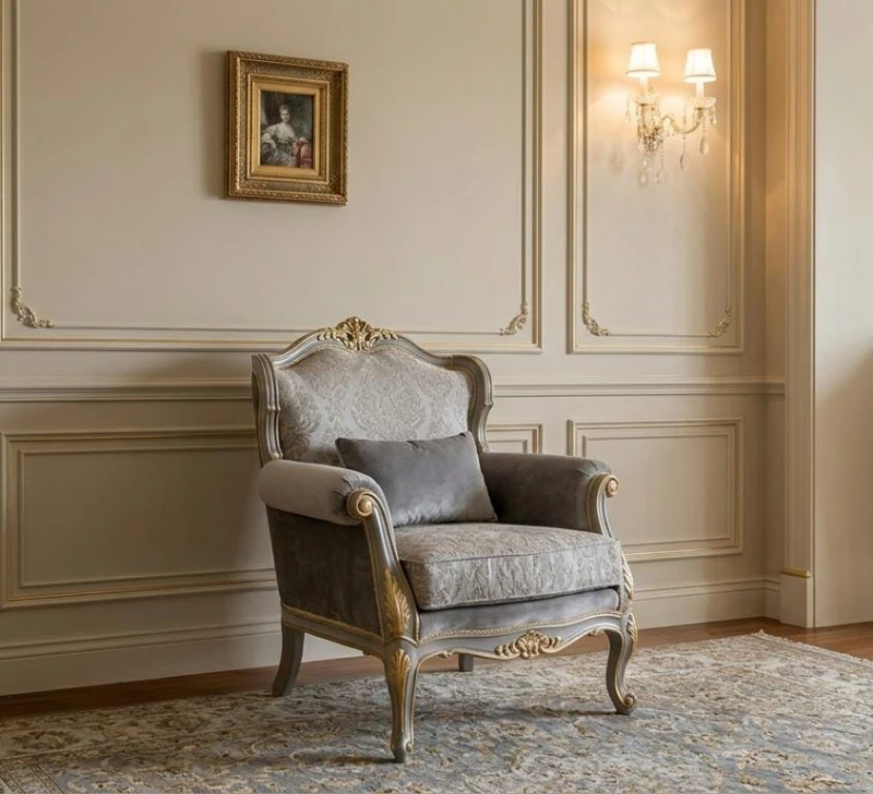 Classic Gray and Beige Salon 2 Sofas 2 Chair and a Puf