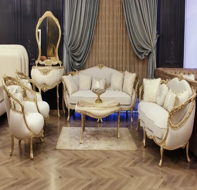 Classic Beige Salon Set 2 Sofas 4 Chair and a Table