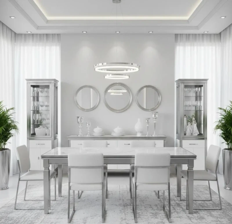 Modern Dining Room With Buffet and 3 Circular Mirrors