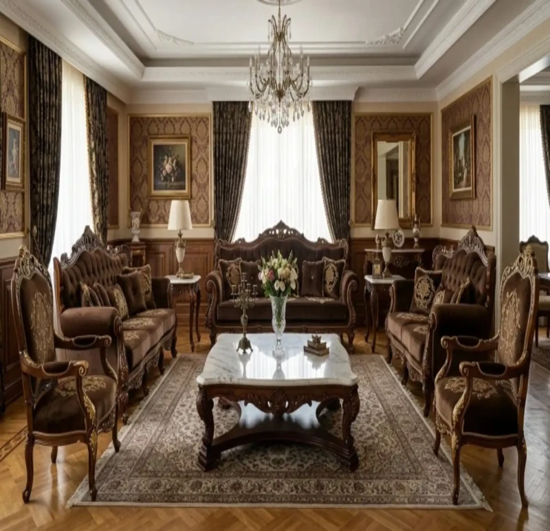 Classic Salon With 3 Sofas 2 Chairs and a Marble Table