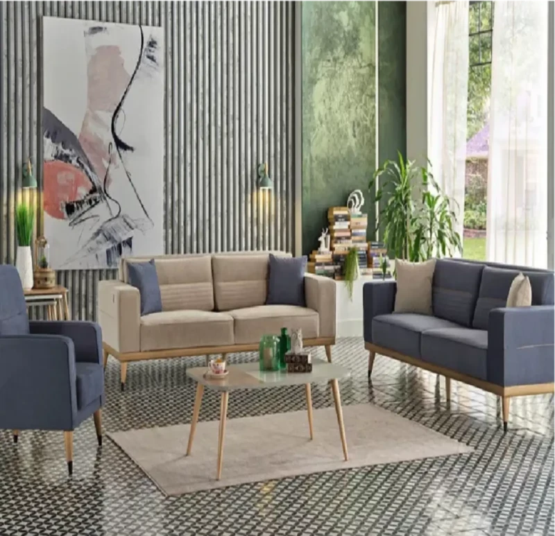 Modern Sofa Set Dark Blue and Beige