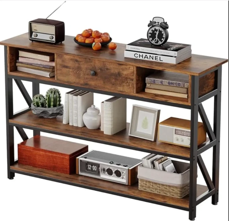 Wooden Console With Three Drawers and Three Shelves