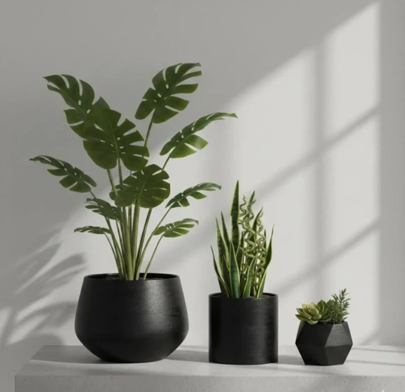 Set Of 3 Artificial Plant Pots | Black