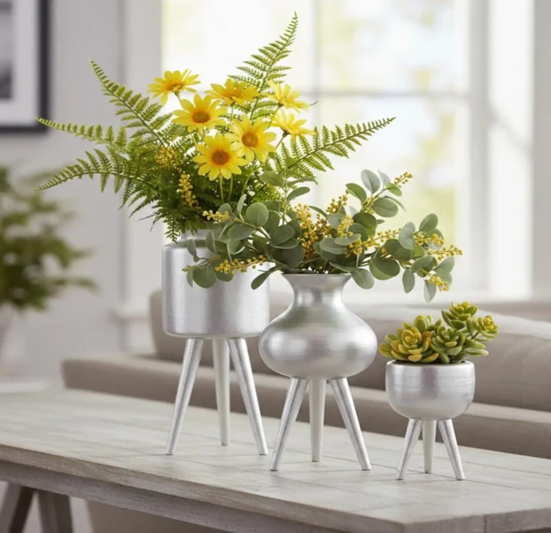 Silver Vases Set | Artificial Flowers
