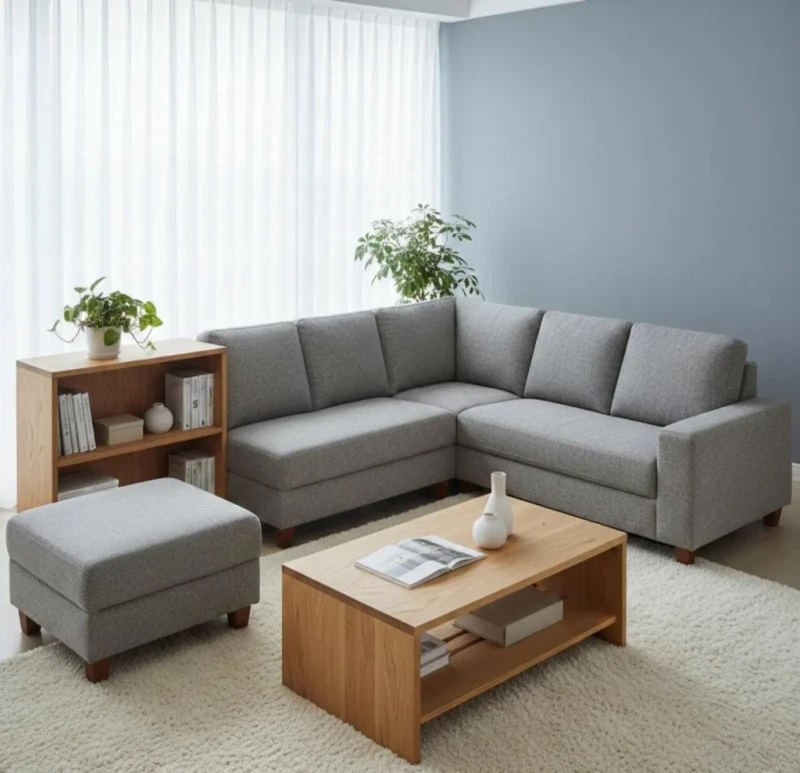 Modern Gray Linen Sofa With Puff and Wooden Table