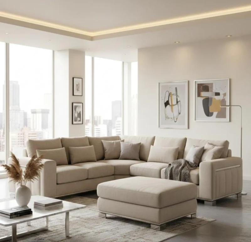 Modern Beige Corner Inlaid With Stainless Edges and a Puff