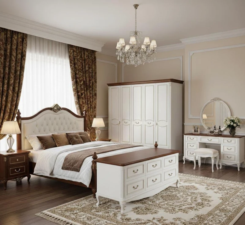 Classic White and Brown Bedroom 7 Pieces