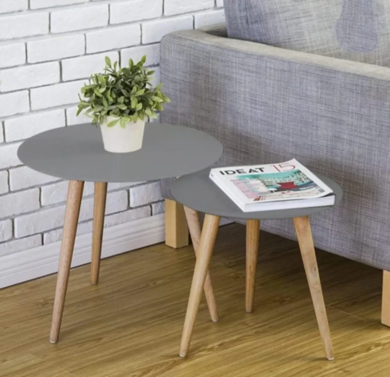 Circular side tables set - light gray wood