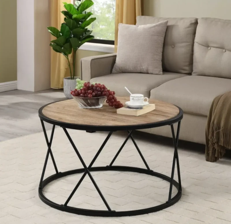Sofa Table With a Circular Metal Base and a Wooden Surface