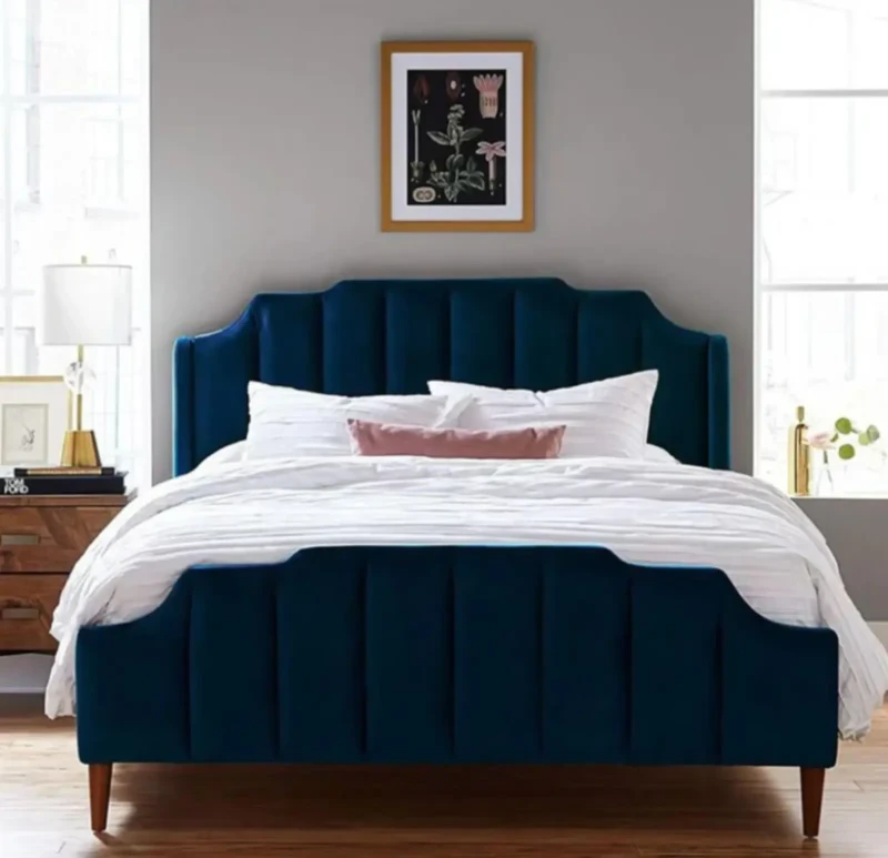 Modern Bed With Velvet Upholstery | Navy Blue