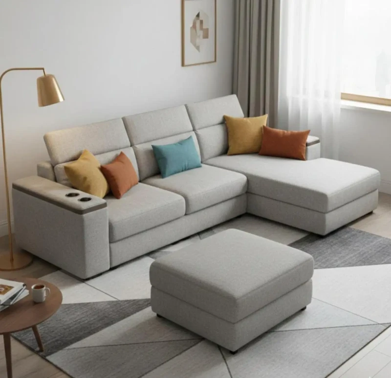 Modern Gray L Shaped Sofa With Wooden Shelf and Puff