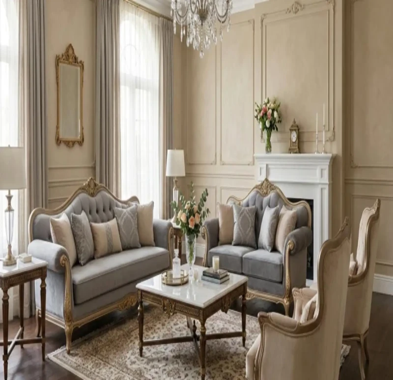 New Classic Gray and Kashmir Salon 2 Sofas 2 Chairs
