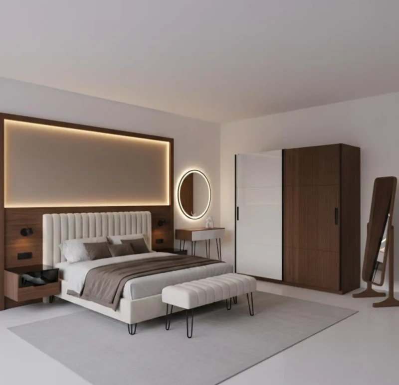 Modern Brown and White Bedroom 6 Pieces and a Mirror Stand as a Gift