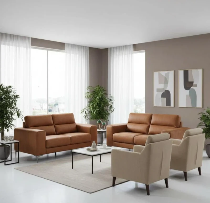 Modern Inverted Leather Sofa Set Brown Beige