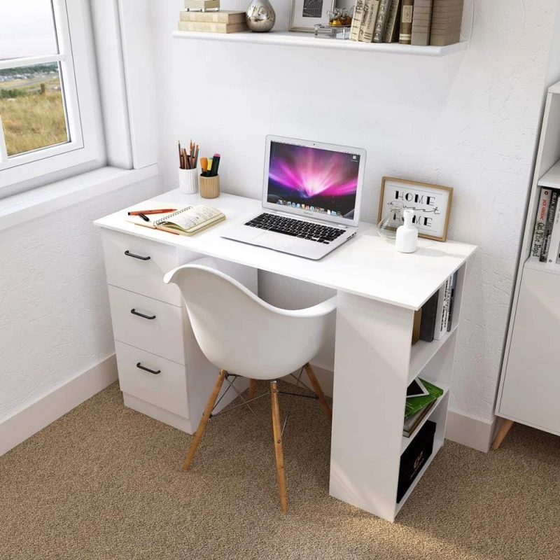 Modern White Desk With Drawers and Storage Shelves