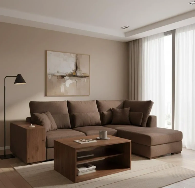 Modern Corner With Puff and Wooden Part | Brown