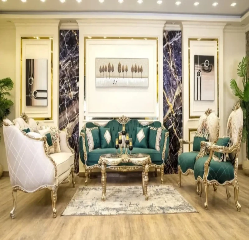 New Classic Beige and Olive Salon Set | 2 Marble Tables