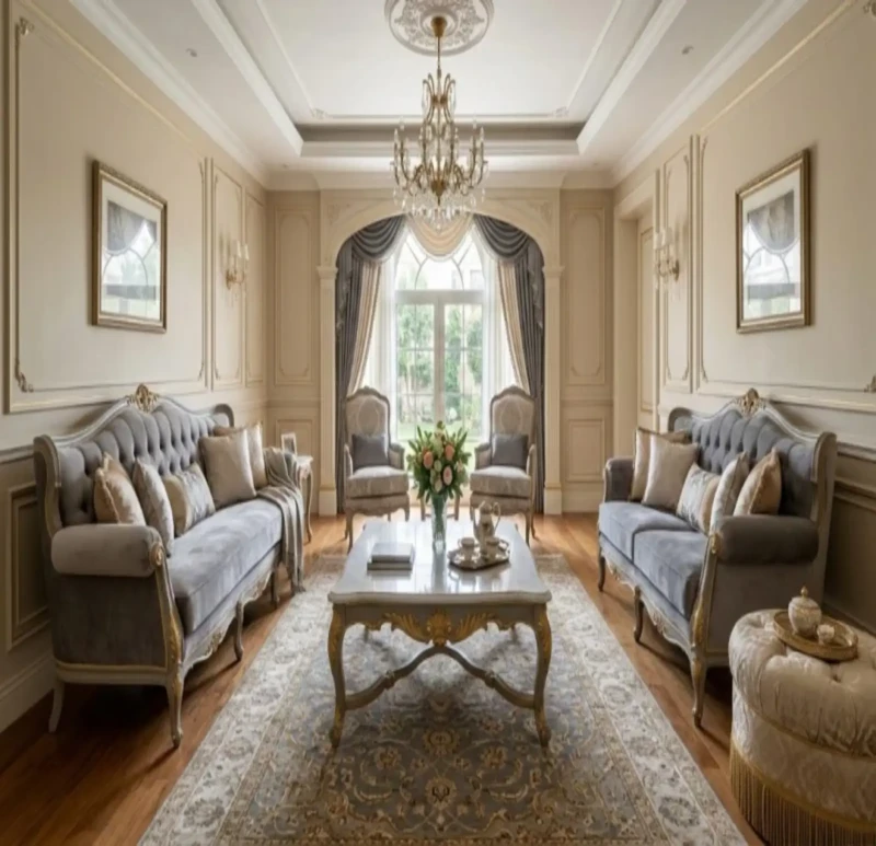 Classic Gray and Beige Salon 2 Sofas 2 Chair and a Puf