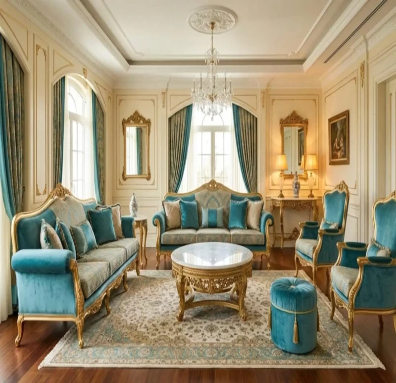 Classic Turquoise and Beige Salon With a Puff Gift