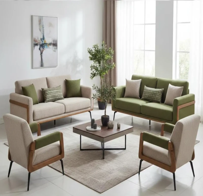 Modern Sofa Set Olive Green and Beige