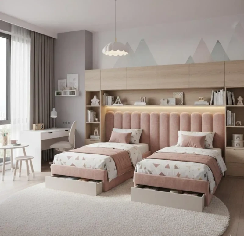 Modern children's room | 2 beds with storage