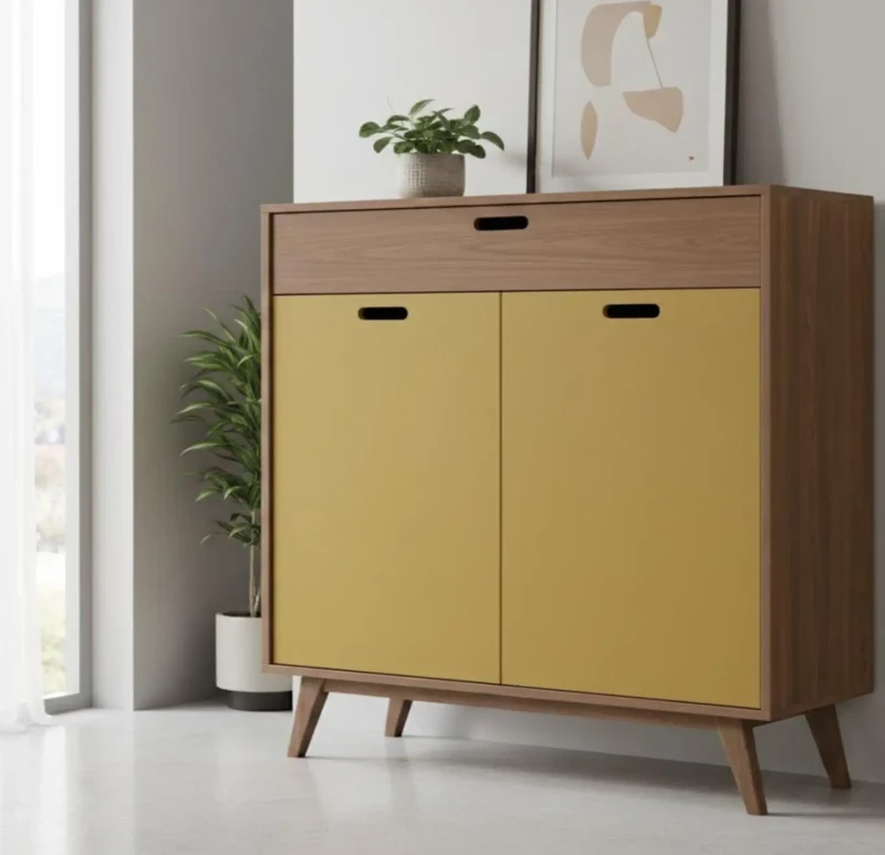 Modern Wooden Shoe Cabinet 2 Leaves | Brown and Yellow