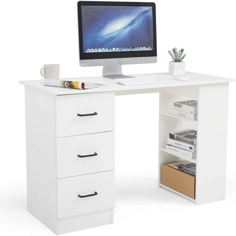 Modern White Desk With Drawers and Storage Shelves