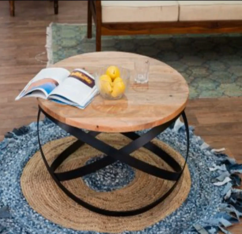 Circular Wooden Living Room Table With a Metal Top