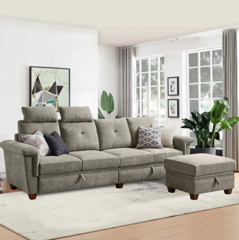 Modern Gray Linen Sofa With 4 Movable Headrests