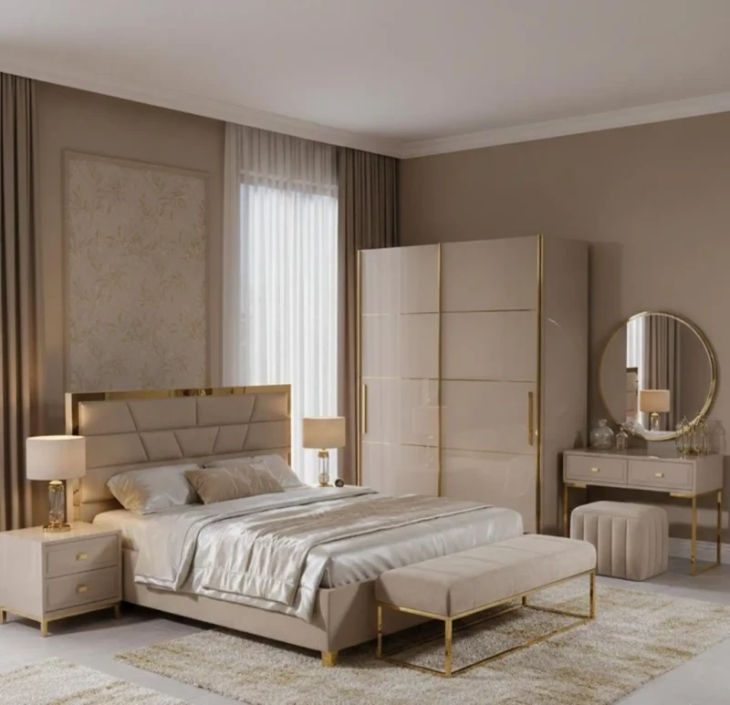 Modern Champagne Bedroom Decorated With Gold Stainless Steel