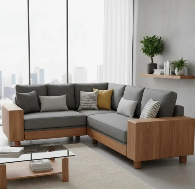 Modern Gray Sofa With a Wooden Part