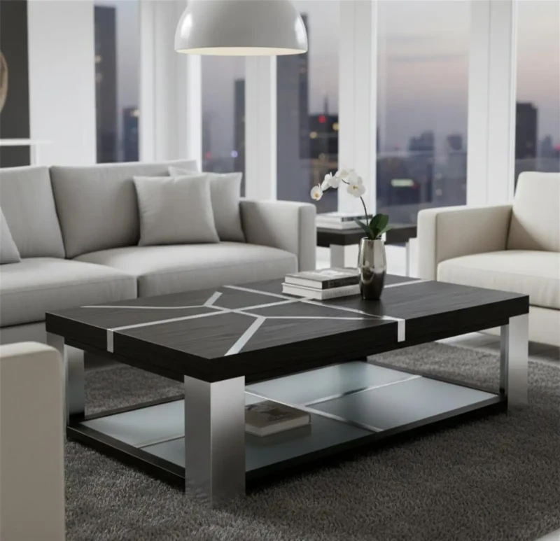 Modern Black Table Inlaid with Stainless Steel
