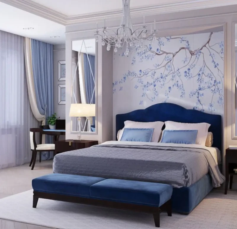 Modern Bed with Banquet | Navy Blue