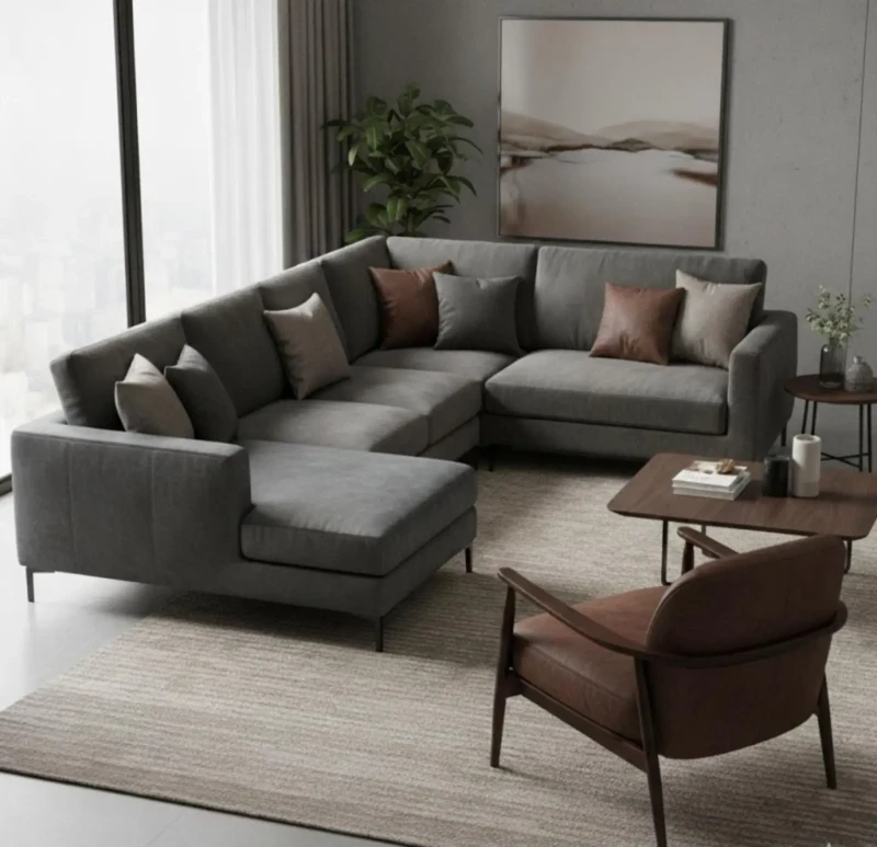 Modern Velvet Sofa With Leather Upholstery