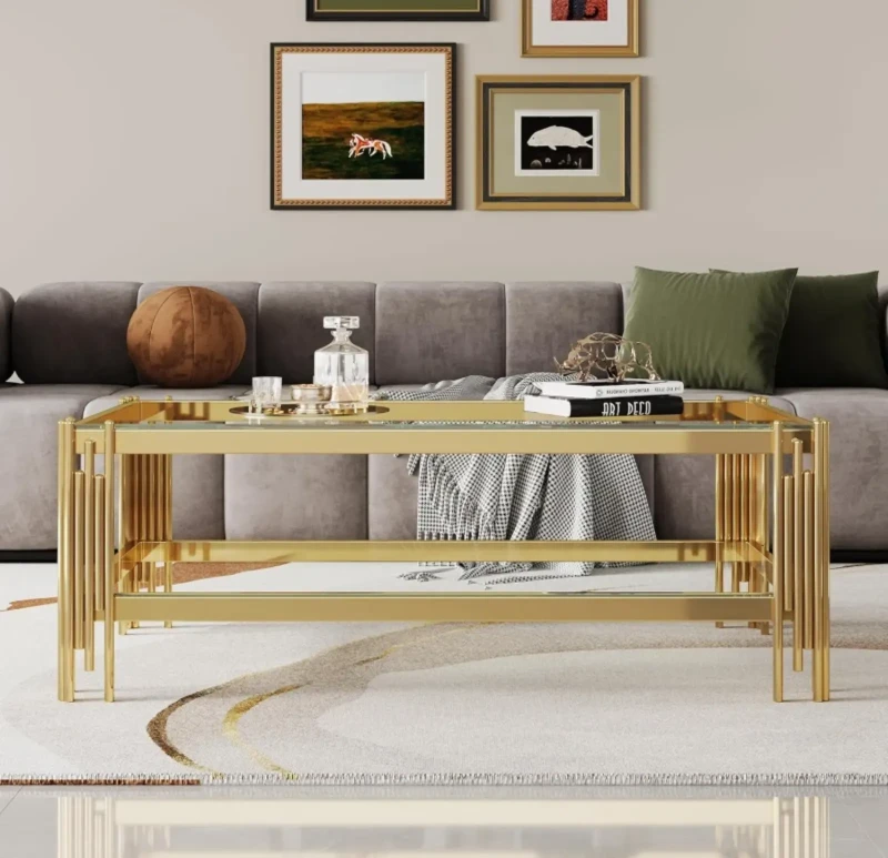 Rectangular Stainless Living Room Table Gold Frame