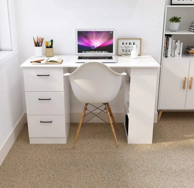 Modern White Desk With Drawers and Storage Shelves
