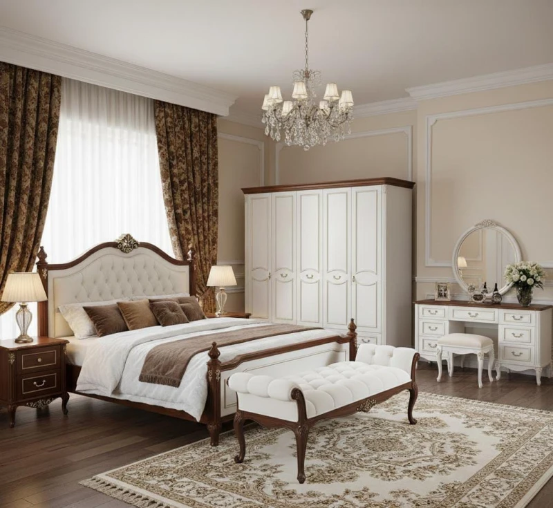 Classic White and Brown Bedroom 7 Pieces