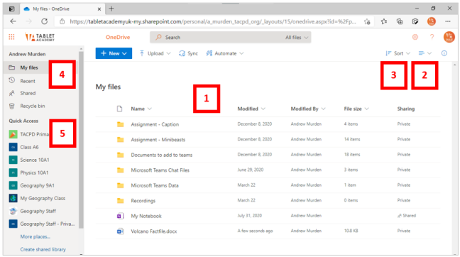 User interface of OneDrive