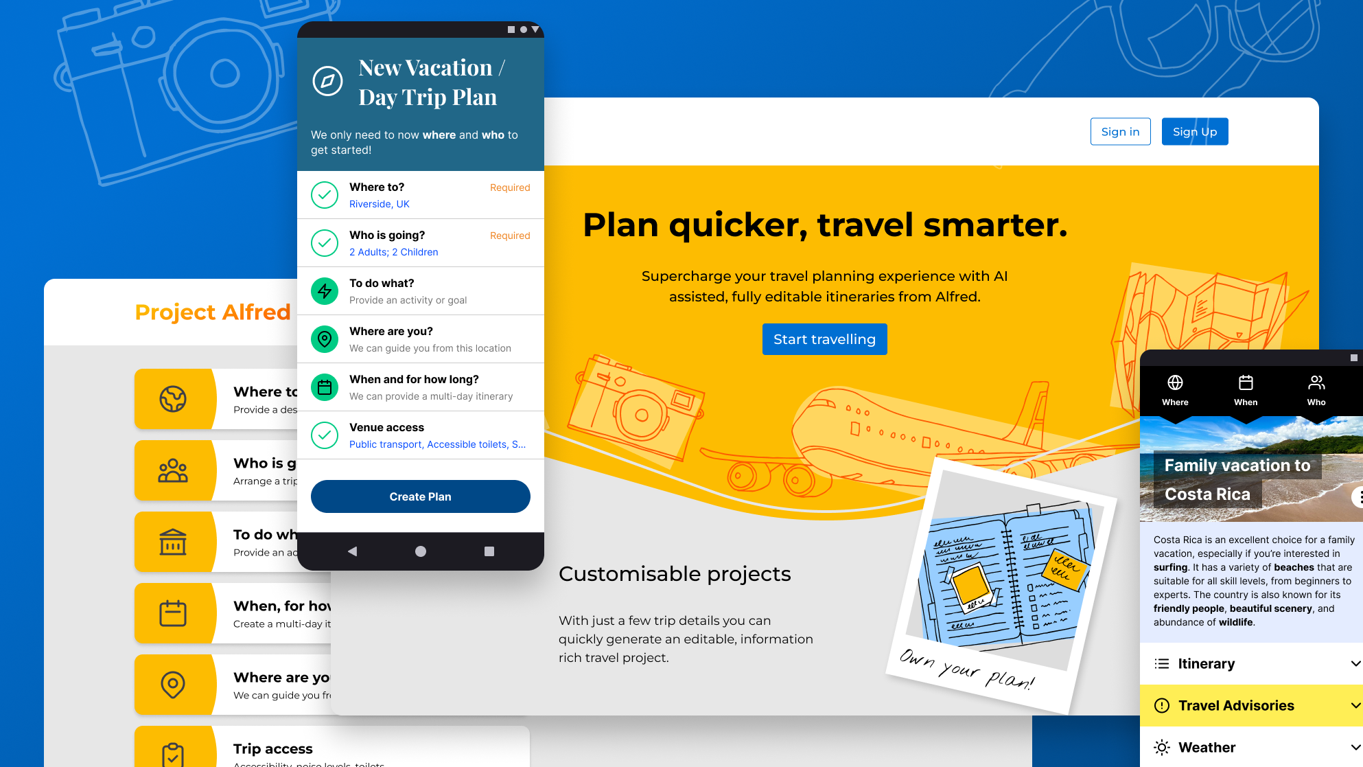 A series of desktop and mobile interface designs featuring various proposed features of Project Alfred. The central marketing page design features the headline “Plan quicker, travel smarter”.