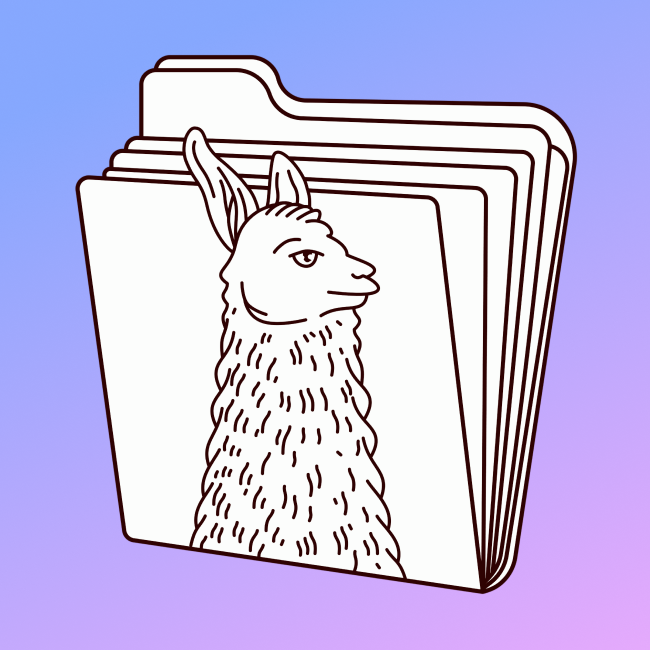 The llamafile project logo: a monochrome drawing of the neck and head of a llama on the side of a cardboard slip file. Background is a purple-to-pink gradient