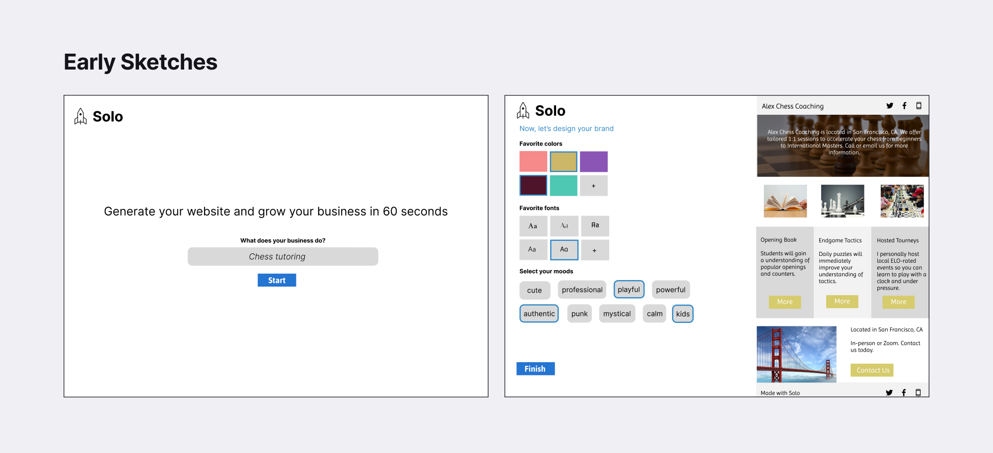 Two early design sketches for a website builder called "Solo." The left image shows a simple, initial setup screen asking, "What does your business do?" with "Chess tutoring" as an example and a "Start" button below. The right image shows a more detailed interface where users can customize their brand by choosing colors, fonts, and moods, such as "cute" and "playful." It also includes a preview of a chess coaching website with images, descriptions, and contact information.