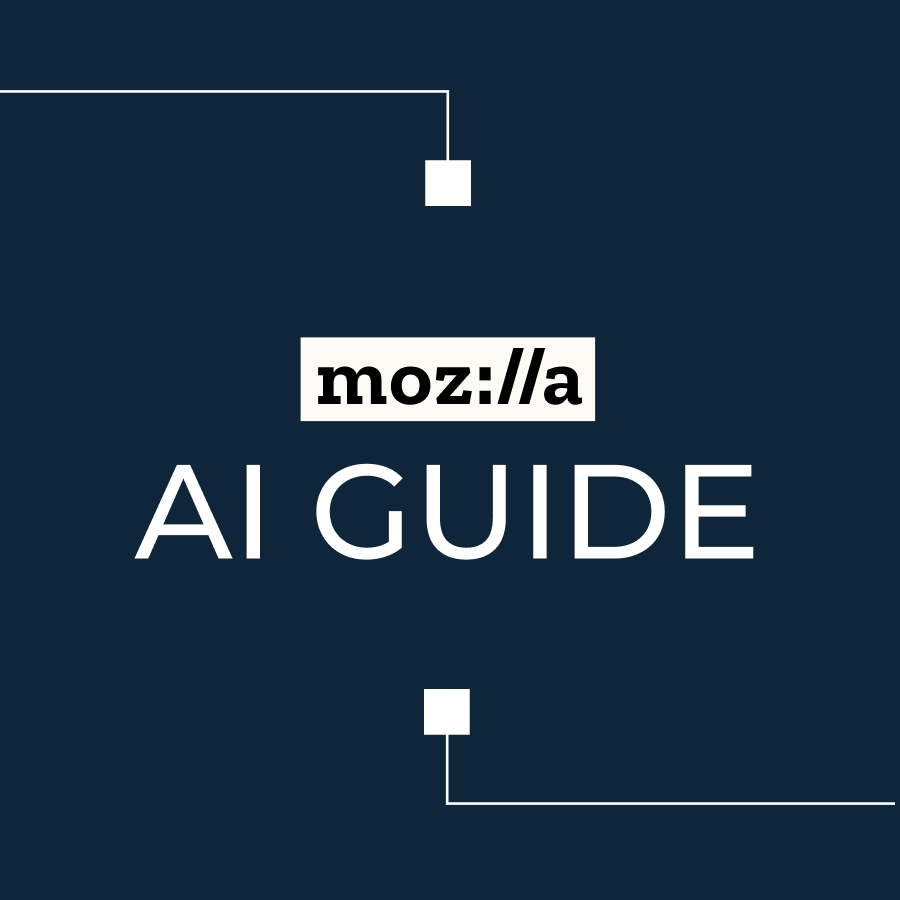 The centred Mozilla logo above the words 'AI Guide', all in white on a dark blue background, framed above and below by two circuit-board-like lines