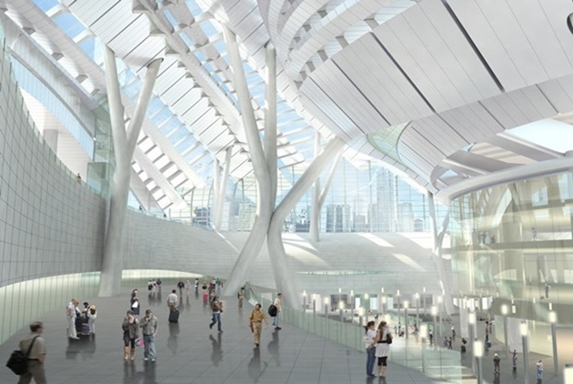 廣深港高鐵香港西九龍總站室內模擬圖。車站屋頂延伸至地面，創造了大型開放空間，也同時串連都市周邊，聯結西九龍文化區、提供綠地，將成為抵達香港最重要的兩大新門戶之一，預計在2018年完工。
