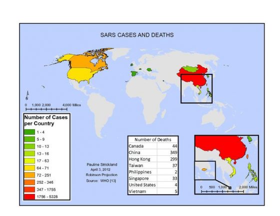 全球出現SARS疫情的地區統計（2002－2003年）。圖片來源：Wikimedia