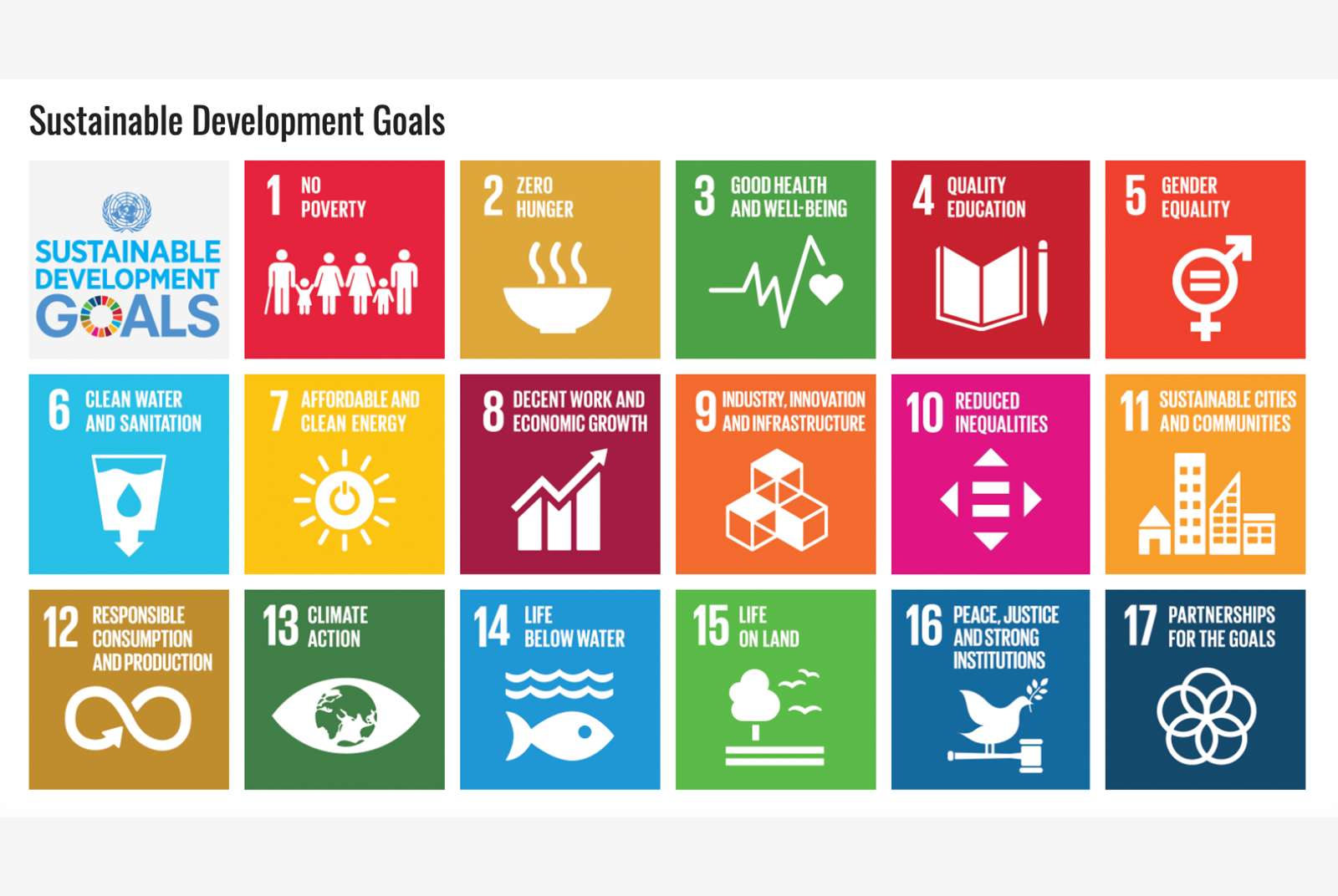 2015年，聯合國啟動「2030永續發展目標」（Sustainable Develpoment Goals, SDGs），提出17項全球政府與企業共同邁向永續發展的核心目標。圖片來源：聯合國