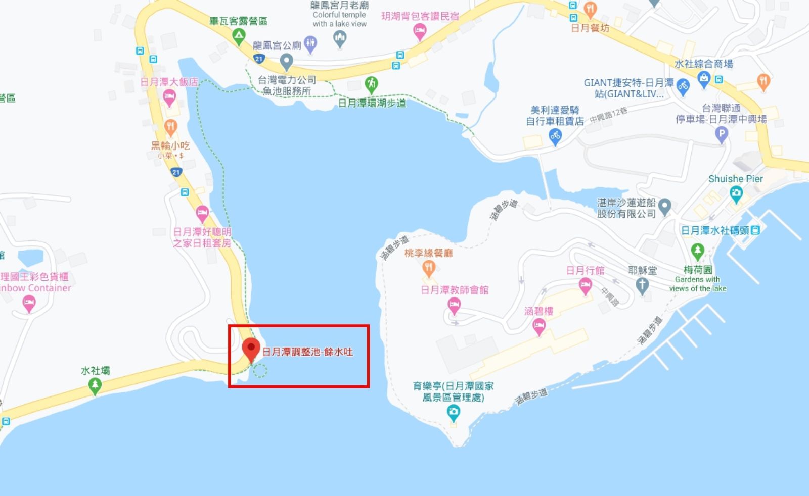 日月潭溢水吐位置。圖片來源：截自Google Map