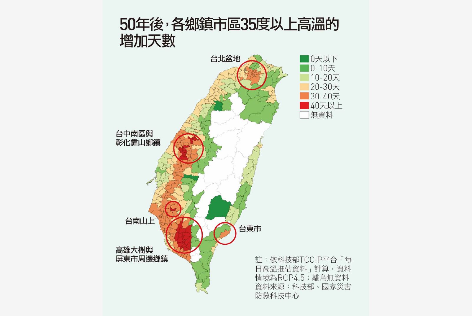 50年後各鄉鎮市區35度以上高溫的增加天數。