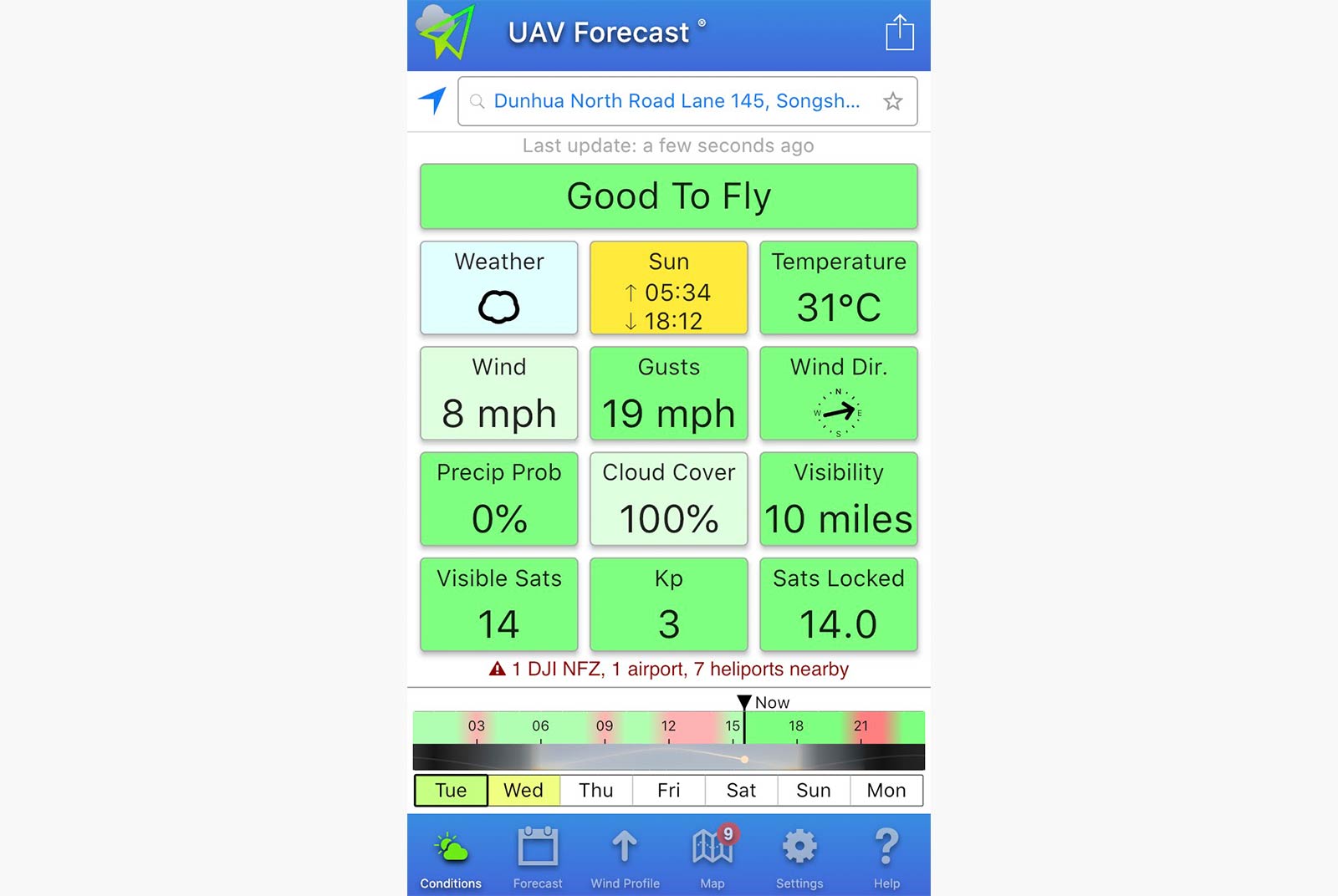 手機應用軟體UAV Forecast可判斷當下風力條件。