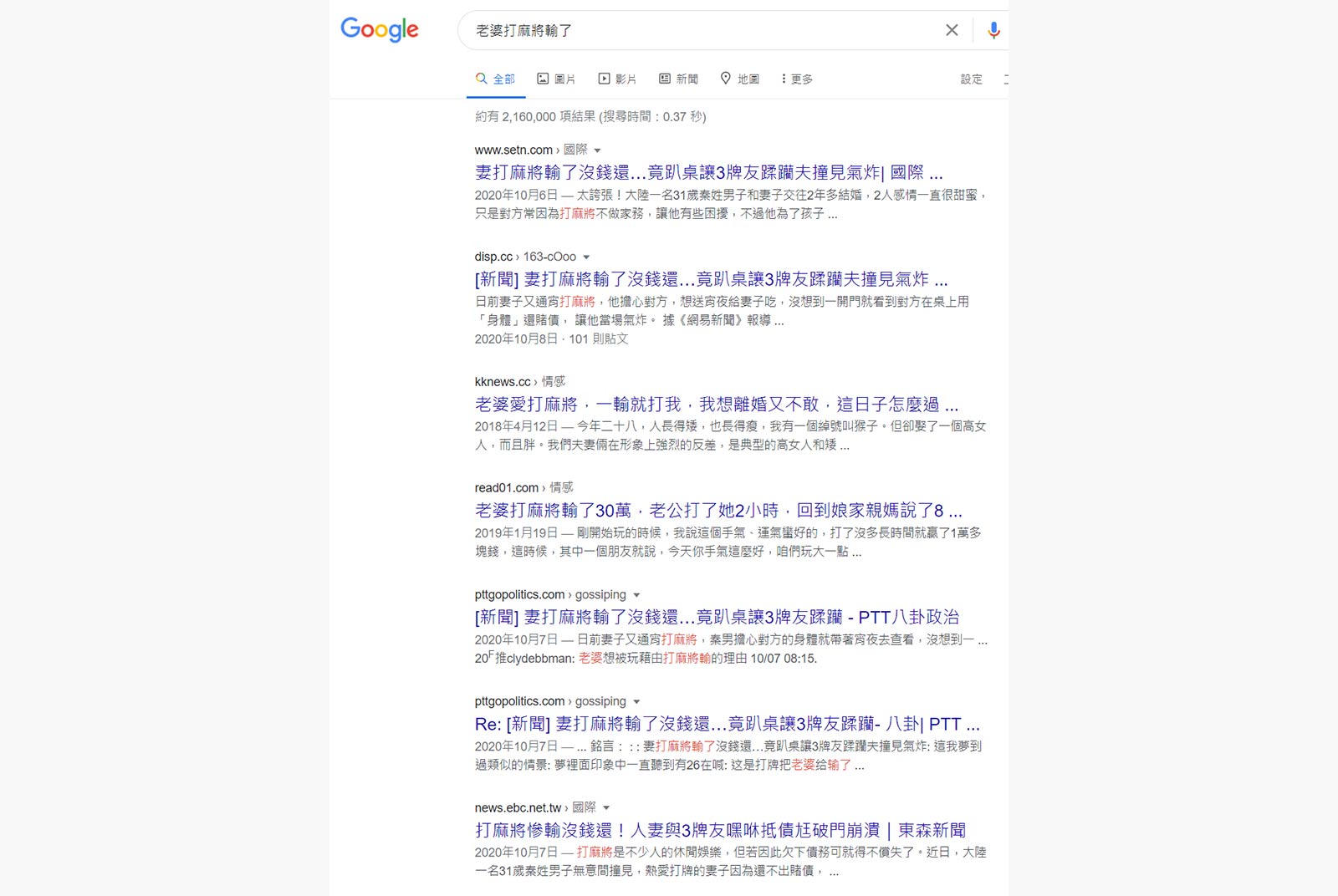 在Google搜尋「老婆打麻將輸了」的結果。